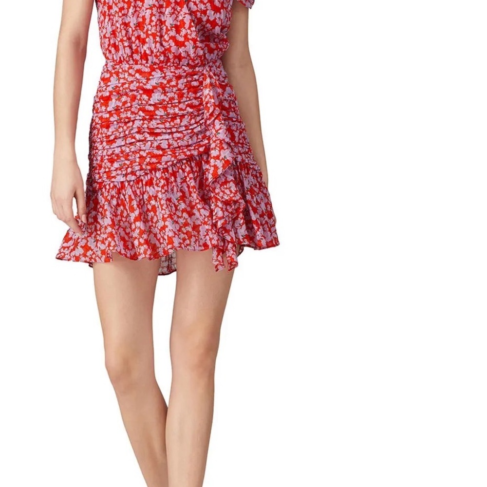 Tanya Taylor Red and Lavender Floral Ruched Mini Dress